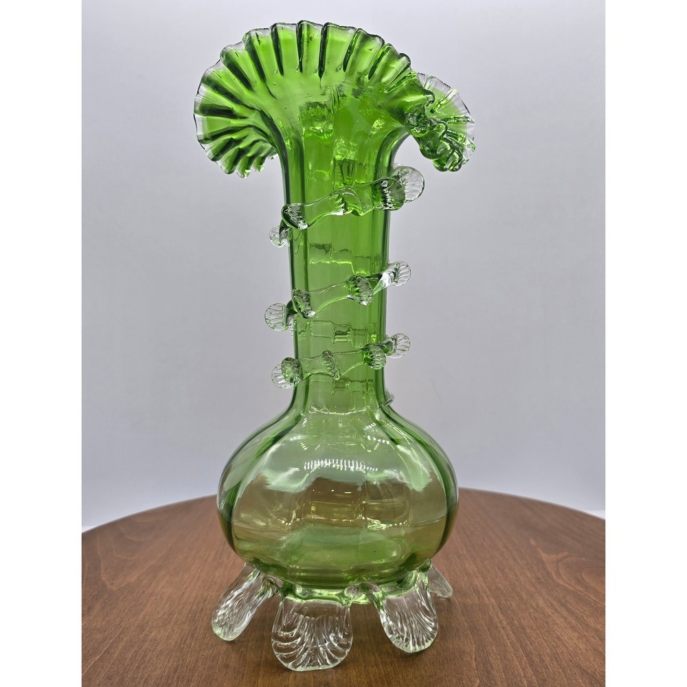 Late 1800's Antique Stevens & Williams Green Art Glass Vase with Applied Rigaree
